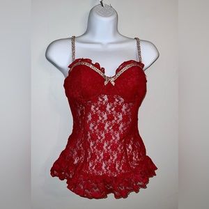 Vintage Burgundy Lace Corset Top Over Bust w/ Underwire & Lace Thong Sz M